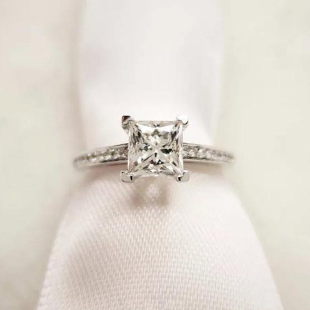 14K White Princess Square Engagement Ring - Picture 3 of 7